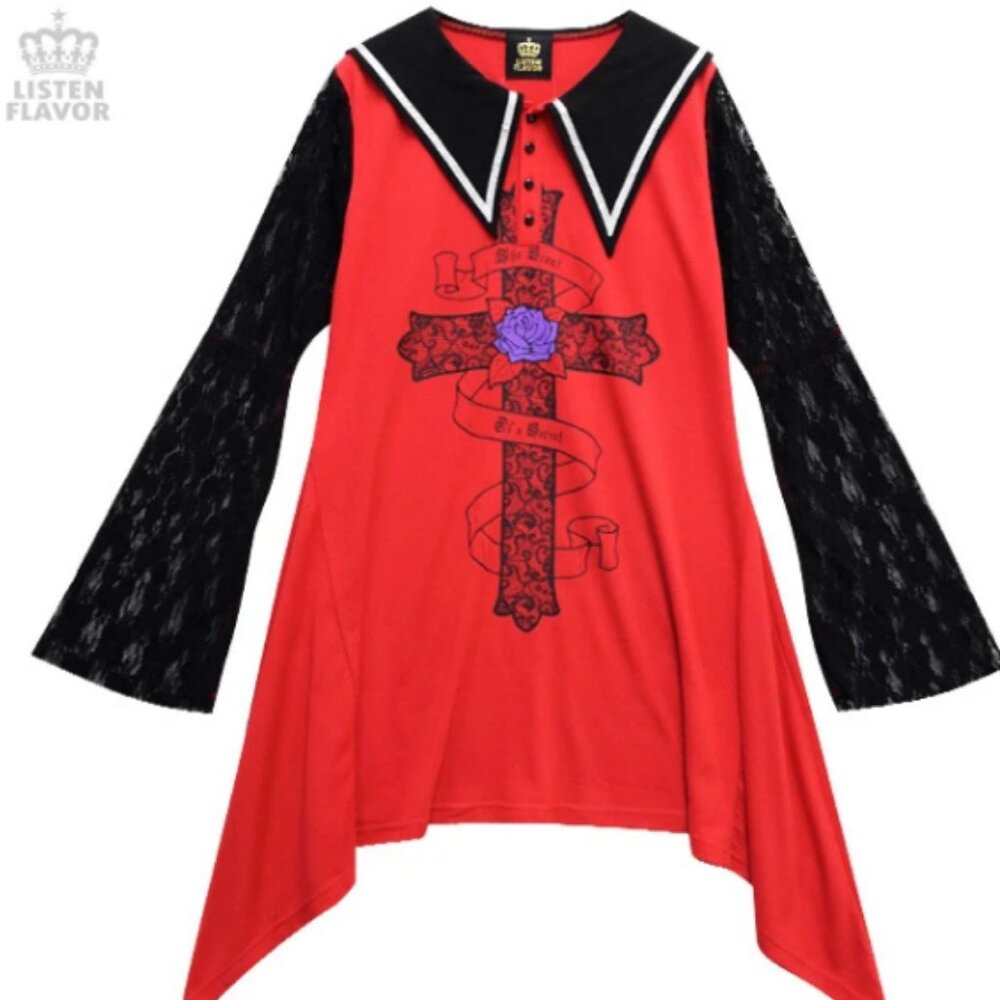 LISTEN FLAVOR Lace Sleeves Gothic Cross Sailor Collar Dress Gyaru Japan Goth
